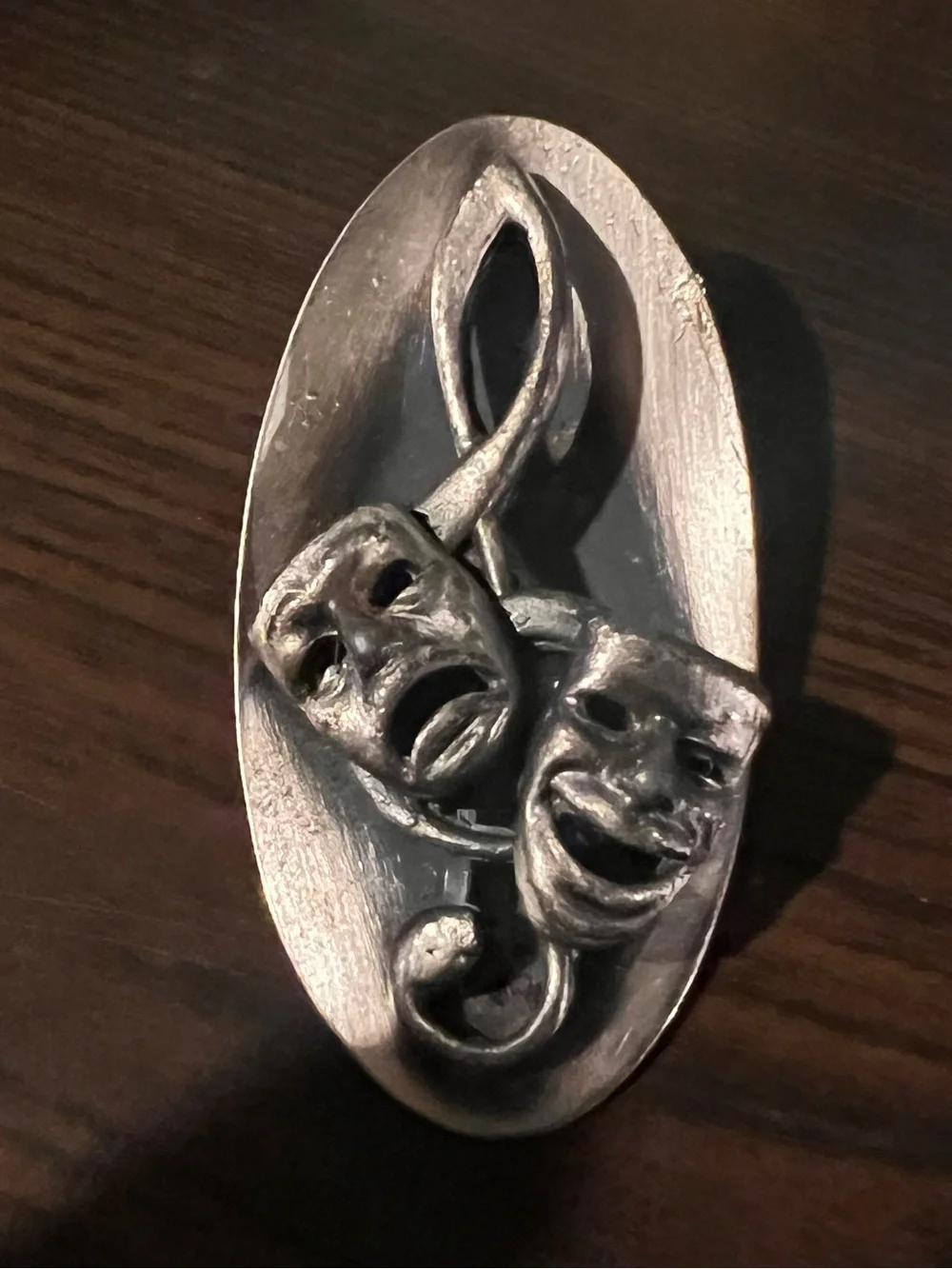 Vintage Drama Masks & Treble Clef Silver-Tone Oval Brooch